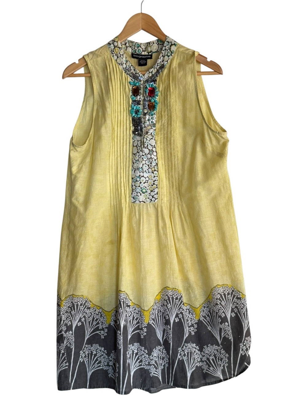 Biographie sleeveless lightweight embellished yellow grey tunic dress XL